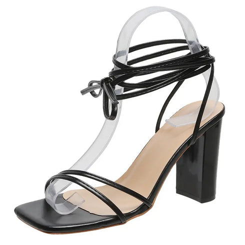 'Caris' Tie-Up Cross Strap Block Heels - Celes Fashion